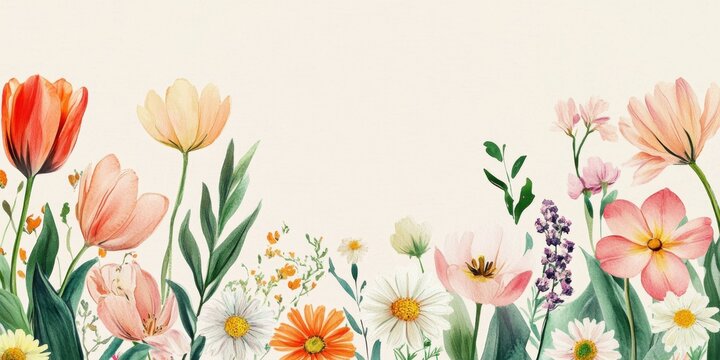 Watercolor spring flower border with tulips