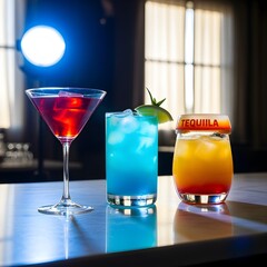 Trio of Vibrant Cocktails on Elegant Marble Bar Counter