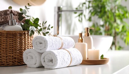 Spa bathroom with towels and toiletries