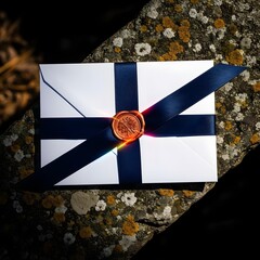 Elegant White Envelope with Navy Ribbon and Copper Wax Seal