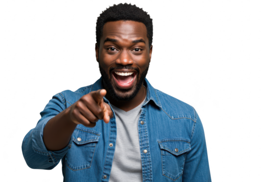 A happy african american man is pointing directly at the viewer with a big smile