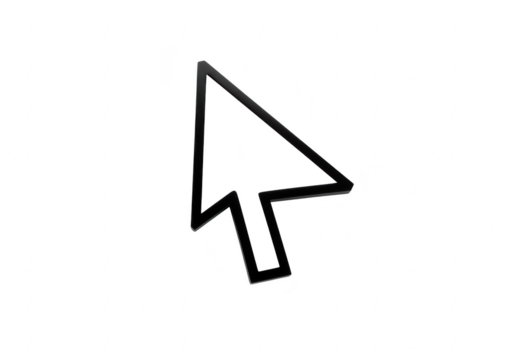 A black computer cursor arrow is pointing upwards on a white isolated background