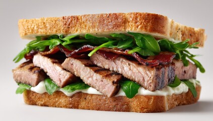 Close-up of a sandwich with grilled meat, bacon, and greens