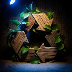 Wooden Recycle Symbol with Fresh Green Leaves on Dark Background