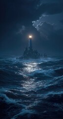 Fototapeta premium Stormy night seascape, lighthouse beacon