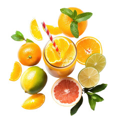 Vibrant citrus fruit and juice, top view