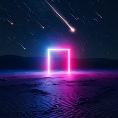 A surreal and atmospheric image of a glowing pink portal standing alone in a dark desert landscape under a starry night sky