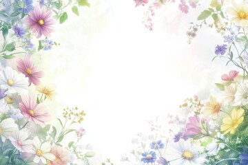 Light watercolor flower border with spring flowers