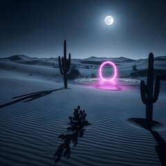 A surreal and atmospheric image of a glowing pink portal standing alone in a dark desert landscape under a starry night sky