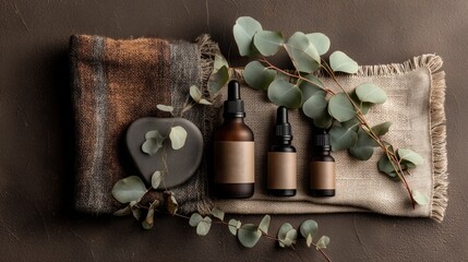 Natural Essential Oils and Eucalyptus on Textured Background