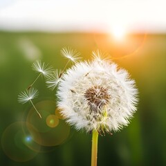 Closeup of Dandelion Seed Head with White Fluff and Brown Core on Green Background