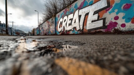 Abstract View of Urban Street with Graffiti Wall