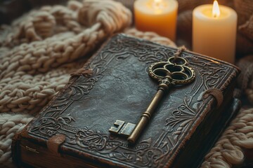 A vintage brass key with an ornate design, resting on an old leather-bound journal, surrounded by soft candlelight in a cozy room
