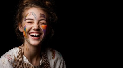 Smiling Woman with Face Painted Laughing on Black Background