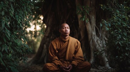 Buddhist Monk Meditating Under Large Tree in Forest