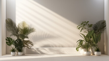 Fond compos&eacute; d'un mur blanc, avec lumi&egrave;re et ombre et plante d&eacute;corative. Ambiance calme, &eacute;pur&eacute;e, luxe. Arri&egrave;re-plan pour conception et cr&eacute;ation graphique.
