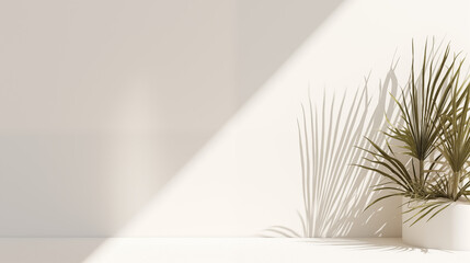 Fond composé d'un mur blanc, avec lumière et ombre et plante décorative. Ambiance calme, épurée, luxe. Arrière-plan pour conception et création graphique.