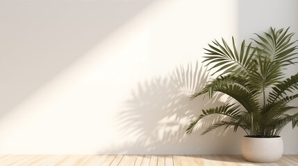 Fond composé d'un mur blanc, avec lumière et ombre et plante décorative. Ambiance calme, épurée, luxe. Arrière-plan pour conception et création graphique.