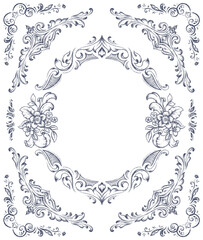 Vintage vector frame with a lot of floral elements, dividers, corners. Retro Victorian style.