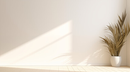 Fond composé d'un mur blanc, avec lumière et ombre et plante décorative. Ambiance calme, épurée, luxe. Arrière-plan pour conception et création graphique.
