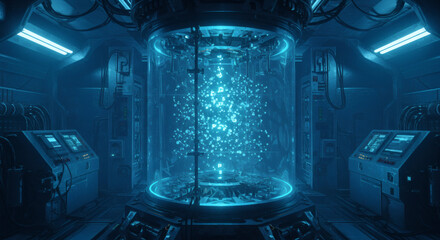 Advanced research facility with a glowing central core, possibly an energy reactor or data processing unit, bathed in cool blue light, representing future technology and scientific discovery