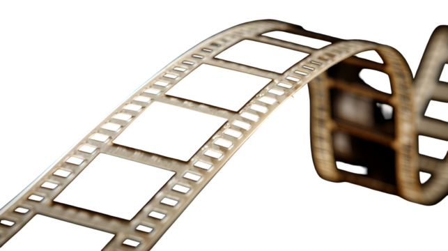 Old filmstrip on black background curved shape showing frames and perforations