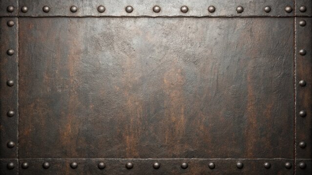 A closeup of a rusted metal sheet with rivets forming a border around the edges - Powered by Adobe