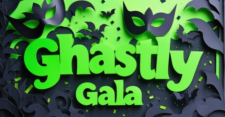 Bright green text reads Ghastly Gala over dark paper bats. Festive, spooky design suggests Halloween event. Dramatic lighting enhances visual impact.