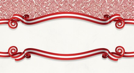 Elegant Red and White Ribbon Banner with Floral Pattern Background