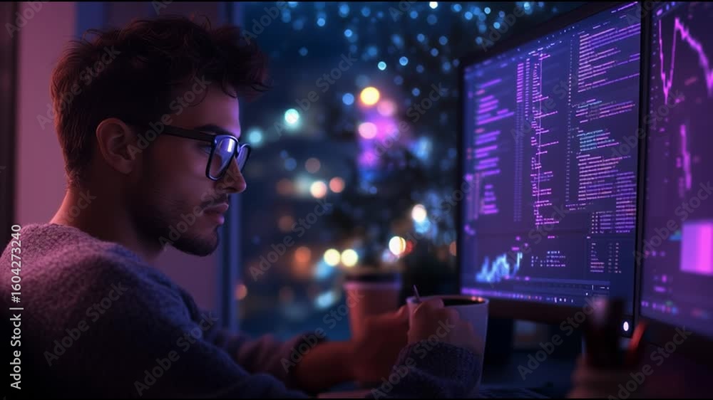 Poster late night coding session with vibrant city lights and data analysis