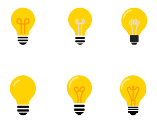 Flat Yellow Light Bulb Icon with Black Base and Glow Lines