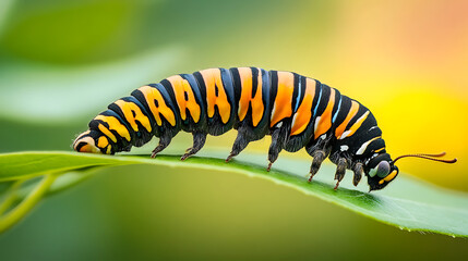 Naklejka premium A caterpillar on a leaf transitioning into a butterfly (1)