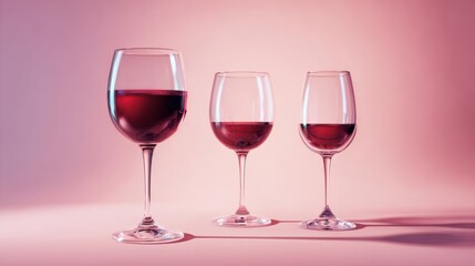 The elegant arrangement of red wine glasses in varying sizes.