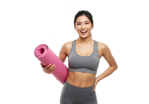 A smiling young asian woman in sportswear is holding a pink yoga mat on a transparent