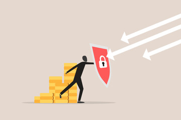 Businessman holding shield to protect from arrow attacking financial security. concept of Financial security, money loss or wealth protection, defense from cyber attack or economic recession
