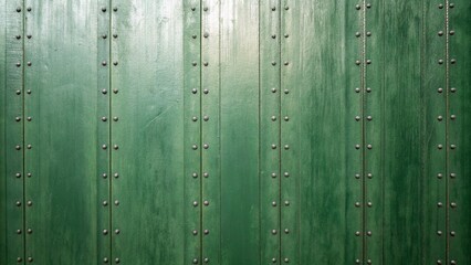 A green painted wooden wall features vertical planks with rivets creating a textured background