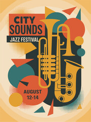 Colorful retro flat vector poster for "City Sounds Jazz Festival" featuring brass instruments, bold typography, and mid-century design with geometric shapes and vintage 1950s-inspired style.