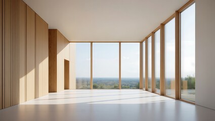 Fototapeta premium Modern Minimalist Interior with Panoramic View of Landscape Design for Architecture and Real Estate Promotion with Spacious Empty Room