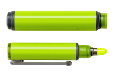 Chartreuse Highlighter Pen Set on Black Stationery Close Up Office Supply Writing Tool Desk