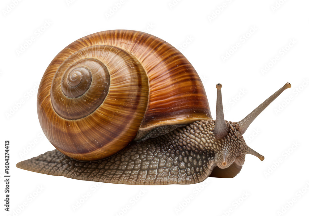 Poster a detailed macro shot of a snail with a brown spiral shell isolated on transparent