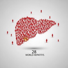 World hepatitis day illustration showing a human liver formed by a multitude of tiny red figures representing people