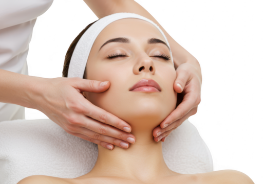 A beautiful woman is receiving a relaxing facial massage in a bright and clean spa