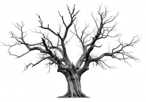 A spooky dead tree with bare branches stands isolated against a transparent - Powered by Adobe