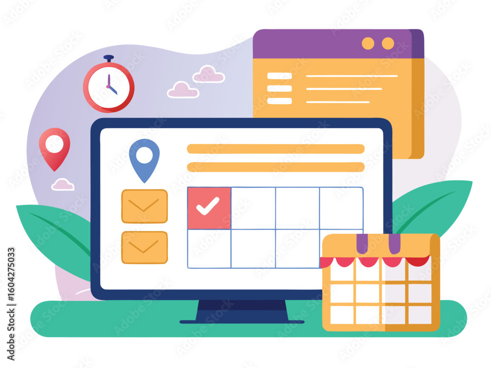 Poster digital calendar and schedule planning with location markers and clock vector