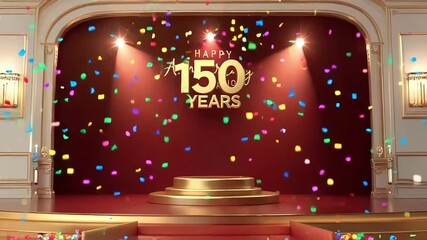 150th Anniversary Stage Scene with Gold Text, Confetti and Maroon Backdrop for Historic Milestone Greeting Visuals
