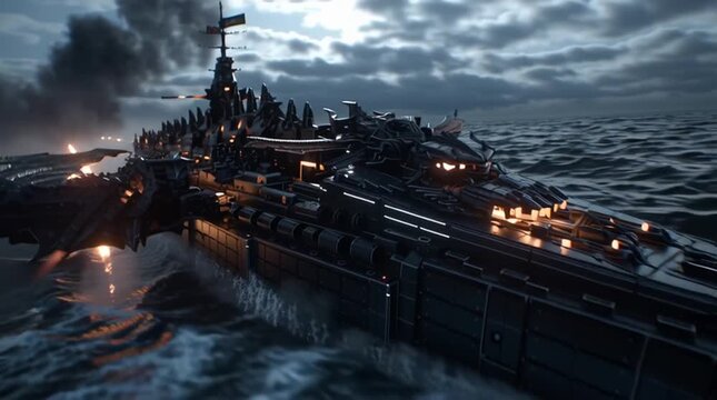 a cinematic 16:9 video of a massive sea battleship fused with a mechanical dragon, sailing at high speed across a stormy ocean, its dragon head roaring with glowing eyes, mechanical wings spread from 