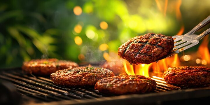 The sizzling burgers on a grill with vibrant flames and fresh ingredients.