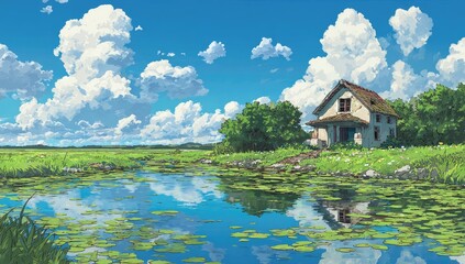 Picturesque rural landscape with a weathered house by a tranquil river