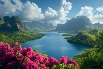 Remote lagoon surrounded towering mangroves and tropical blooms no human no labelling no logo