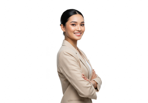 A confident young asian businesswoman in a suit is smiling and looking over her